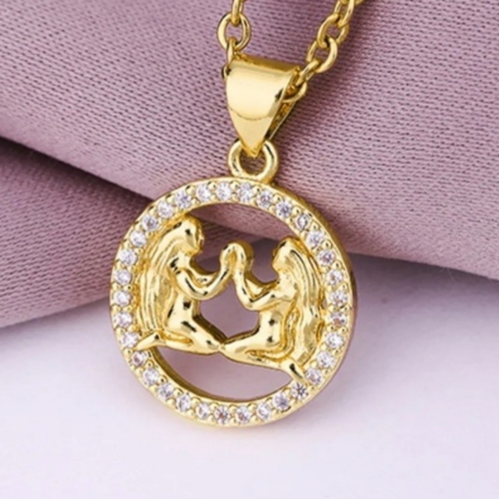 May-June Birthday Gemini Zodiac Necklace Zircon Gold Plated Stainless Steel